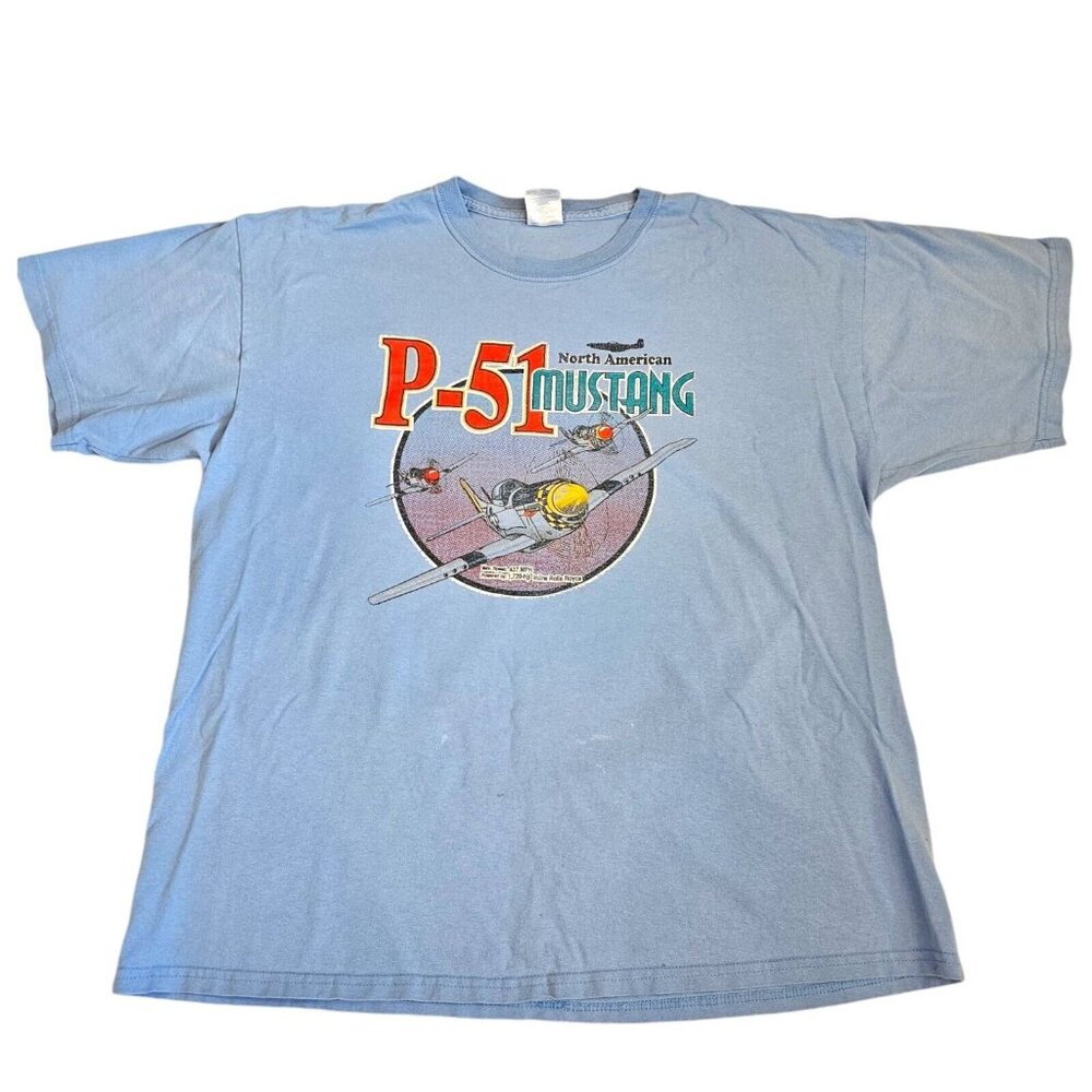 Y2K Airplane P-51 Mustang WW2 Graphic Tshirt Size XL Blue Blemishes 2006